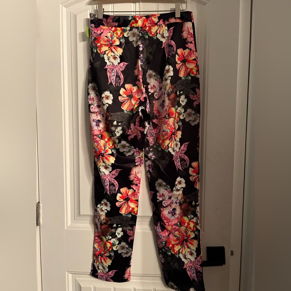 Beautiful black floral satin feel dress pants size M